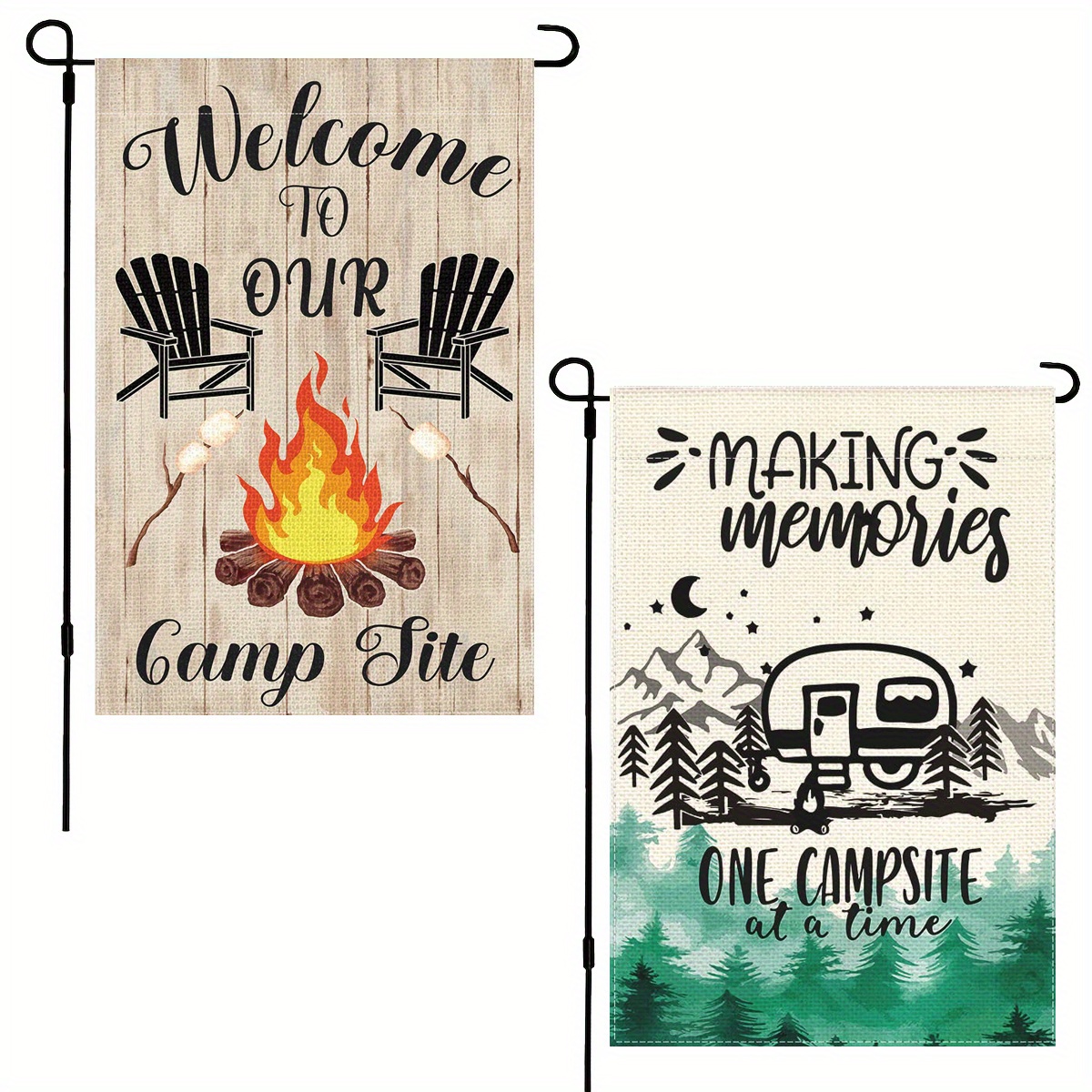 

2pcs, Spring Summer Camping Garden Flag, Welcome To Our Camp Site Camping Flags, Home Decor, Outdoor Decor, Yard Decor, Garden Decorations, Patio Decor, Lawn Decor, No Flagpole 12x18in