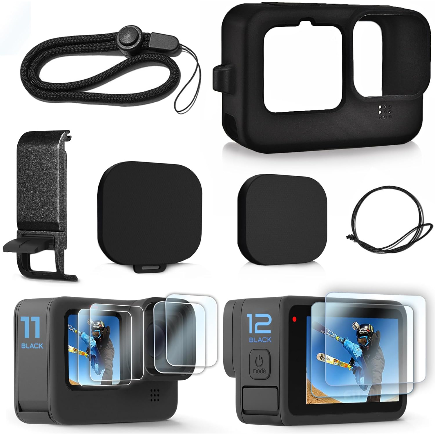 

Black Silicone Sleeve Case For Go Pro Hero 12/11/10/9, Battery Side Cover&screen Protectors&lens Caps&lanyard Black Accessories Kit(no Camera)