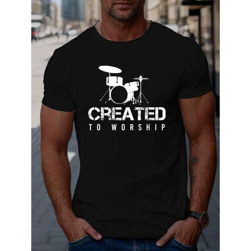 

Created To Worship Print Tees For Men, Casual Crew Neck Short Sleeve T-shirt, Comfortable Breathable T-shirt