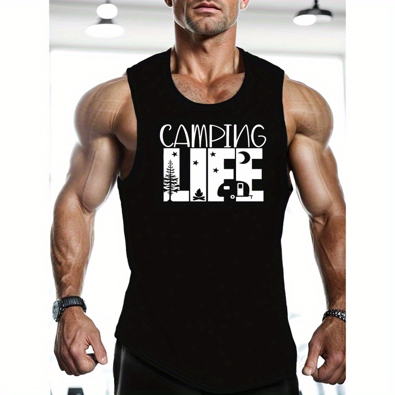 

Plus Size Men's Camping Life Graphic Print Tank Top, Causal Fashion Sleeveless Tees Sports Fitness, Men's Clothing
