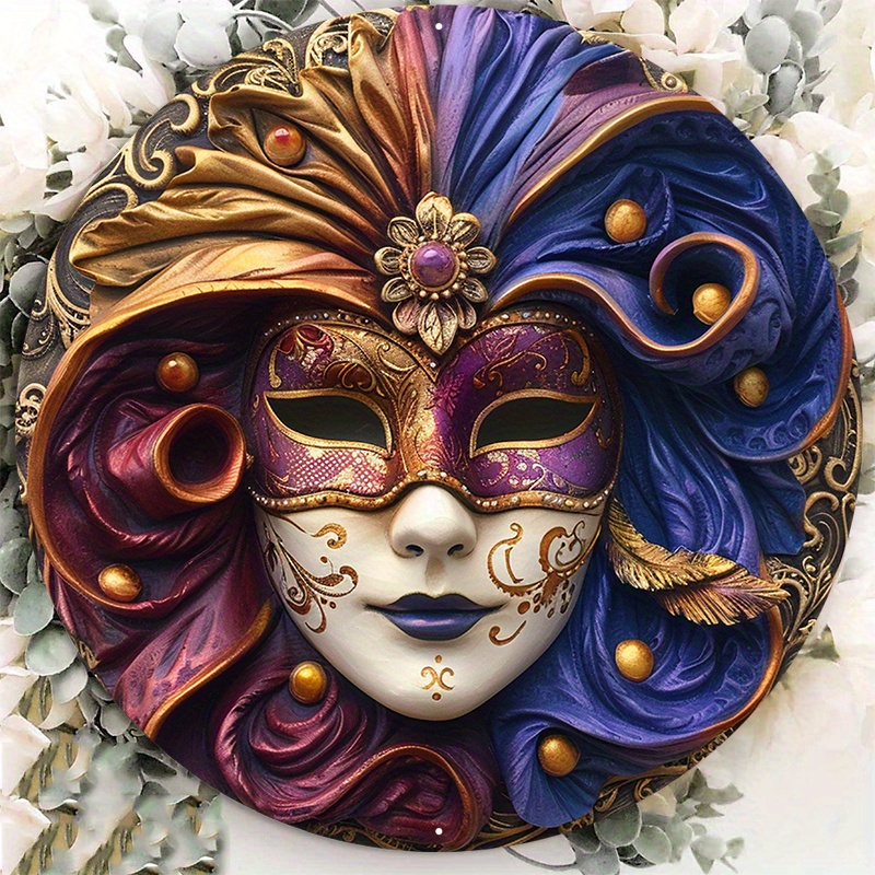 

1pc 8x8inch Aluminum Metal Sign Circular Metal Plaque Decoration Venice Festival Mask By Wood