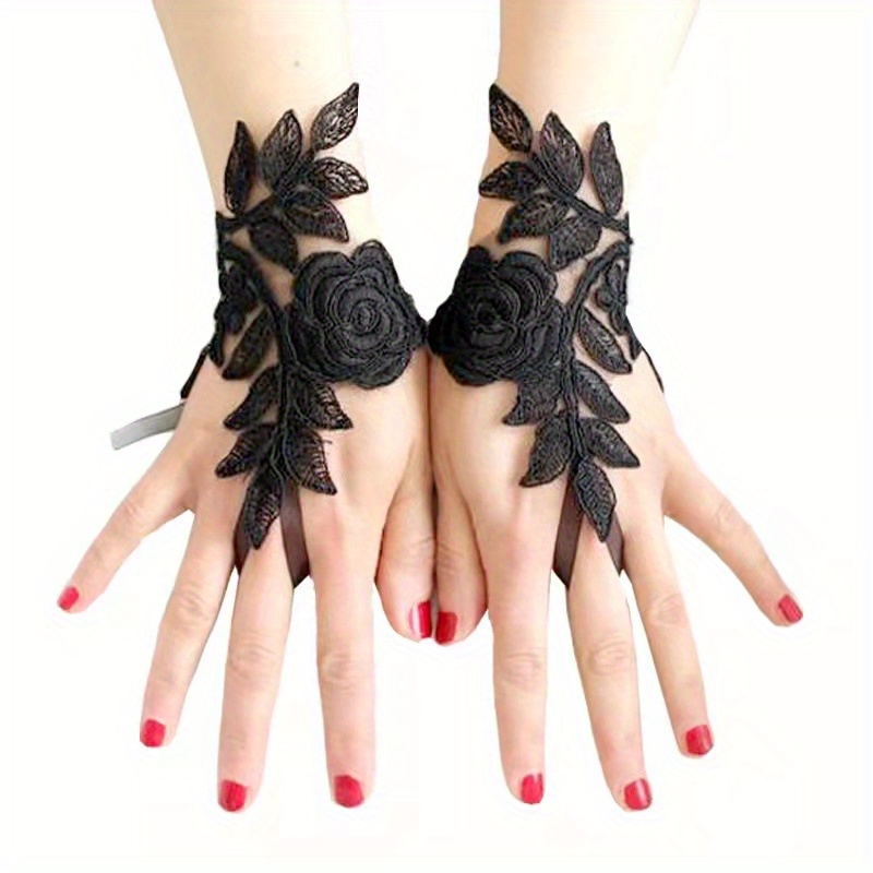 TEMU White/black Flower Pattern Lace Gloves Personalized Creative Hook Finger Gloves Wedding Bridal Decorative Gloves