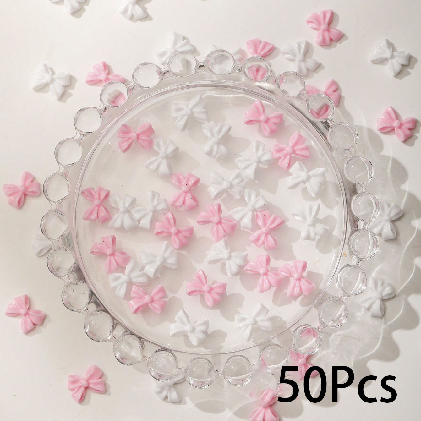 50pcs White Pink Rhinestone Bow Resin 3d 4 Petal Mixed Nail Art Decoration Parts Bow Tie Women's Cute Glossy Art Nail Art Additions Seasonal Style