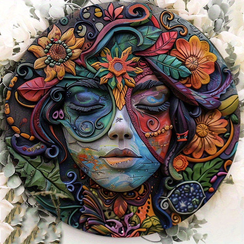 

1pc 8x8in Aluminum Metal Sign, Circular Metal Plaque Decoration, An Artistic Statue Of A Woman With Colorful Face