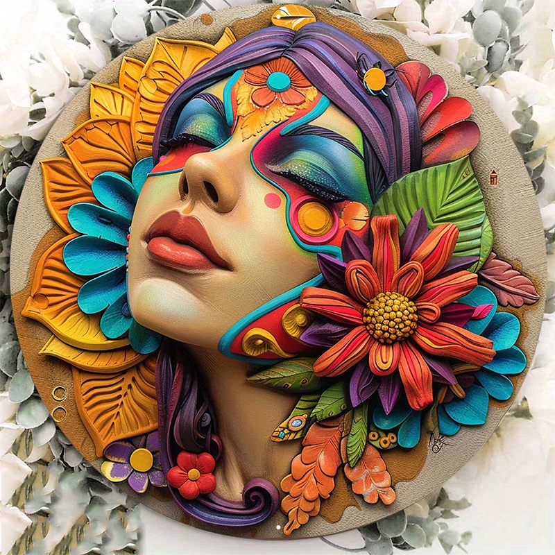 

1pc 8x8inch Aluminum Metal Sign Circular Metal Plaque Decoration An Artistic Statue Of A Woman With A Colorful Woman On Her Face Gb