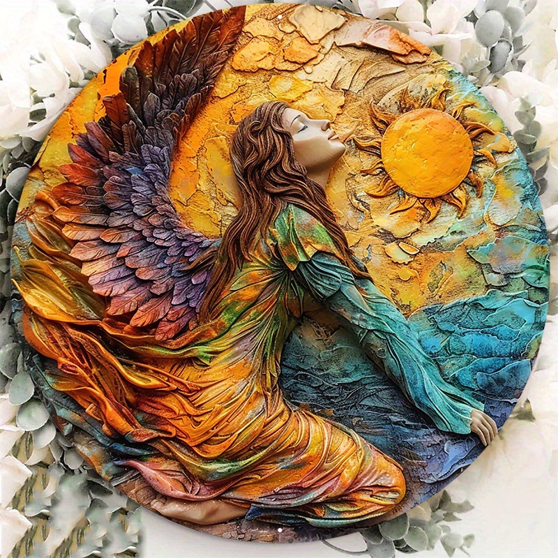 

1pc 8x8inch Aluminum Metal Sign Circular Metal Plaque Decoration Angel Of The Sun, In The Style Of Colorful Woodcarvings