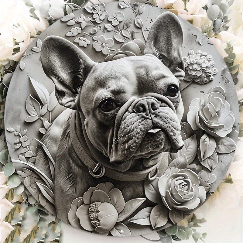 

1pc 8x8inch Aluminum Metal Sign Circular Metal Plaque Decoration Black And White Art Print Of French Bulldog Hi