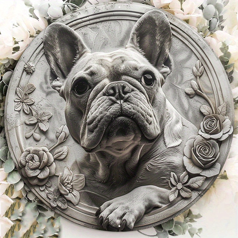 

1pc 8x8inch Aluminum Metal Sign Circular Metal Plaque Decoration Black And White Art Print Of French Bulldog Hk