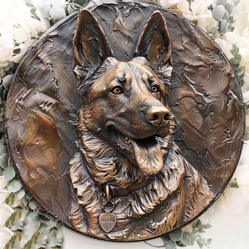 

1pc 8x8inch Aluminum Metal Sign Circular Metal Plaque Decoration Bronze German Shepherd Dog Sculpture
