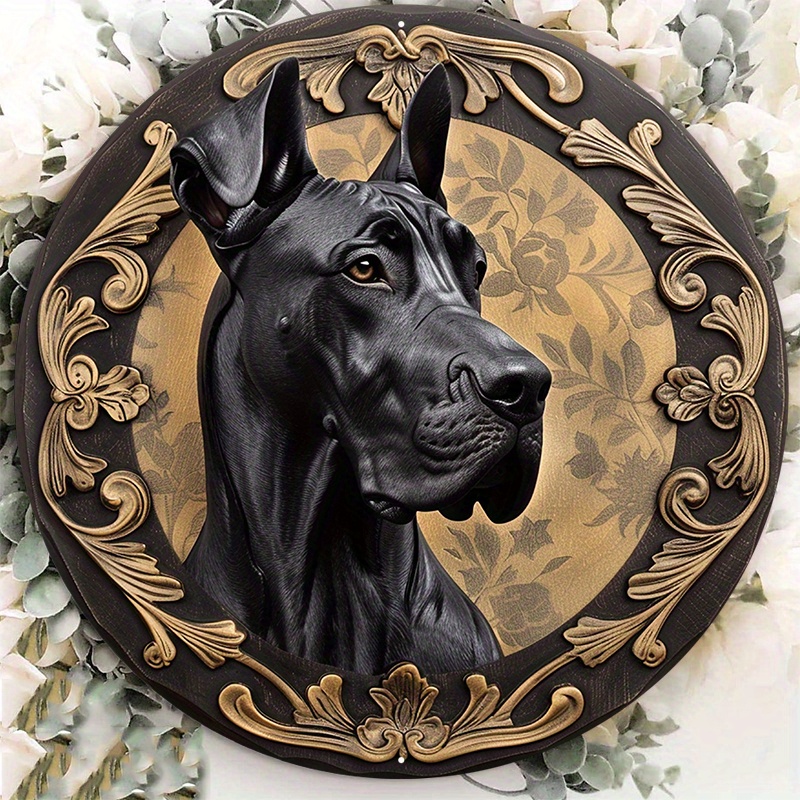 

1pc 8x8inch Aluminum Metal Sign Circular Metal Plaque Decoration Great Dane Dog Portrait On Black And Gold Wooden Plate