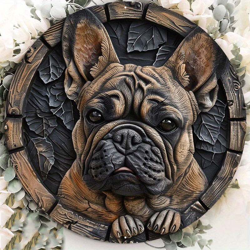 

1pc 8x8inch Aluminum Metal Sign Circular Metal Plaque Decoration Handmade French Bulldog Inlay Wall Plaque