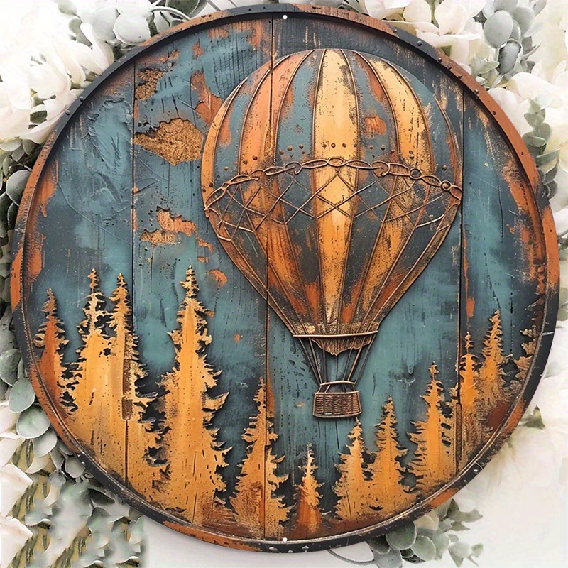 

1pc 8x8inch Aluminum Metal Sign Circular Metal Plaque Decoration Hot Air Balloon On The Forest