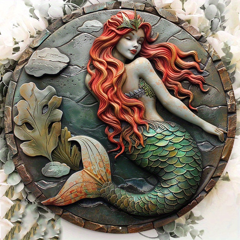 

1pc Of Circular Metal Plaque Decoration, Featuring A Relief Mermaid, Made Of Aluminum Metal, Measuring 8x8 Inches.