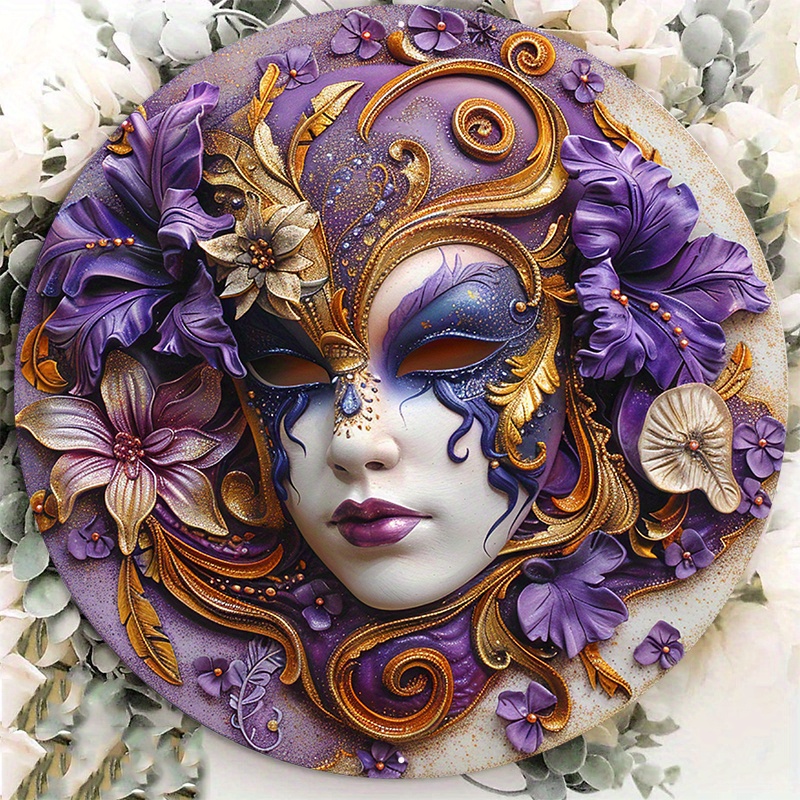 

1pc 8x8inch Aluminum Metal Sign Circular Metal Plaque Decoration Venice Festival Mask By Wood