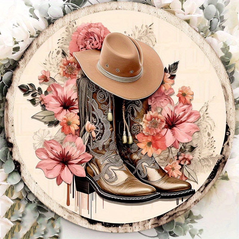 

1pc 8x8inch Aluminum Metal Sign Cowgirl Boots And Roses Wreath Sign, Metal Wreath Sign, Signs For Wreaths, Round Wreath Sign