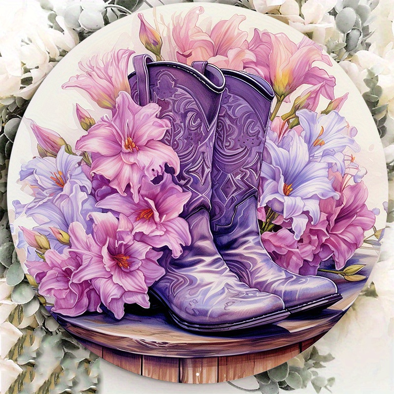 

1pc 8x8inch Aluminum Metal Sign Cowgirl Boots Wreath Sign, Keep Soul Clean & Boots Dirty Sign, Metal Wreath Sign, Home Decor