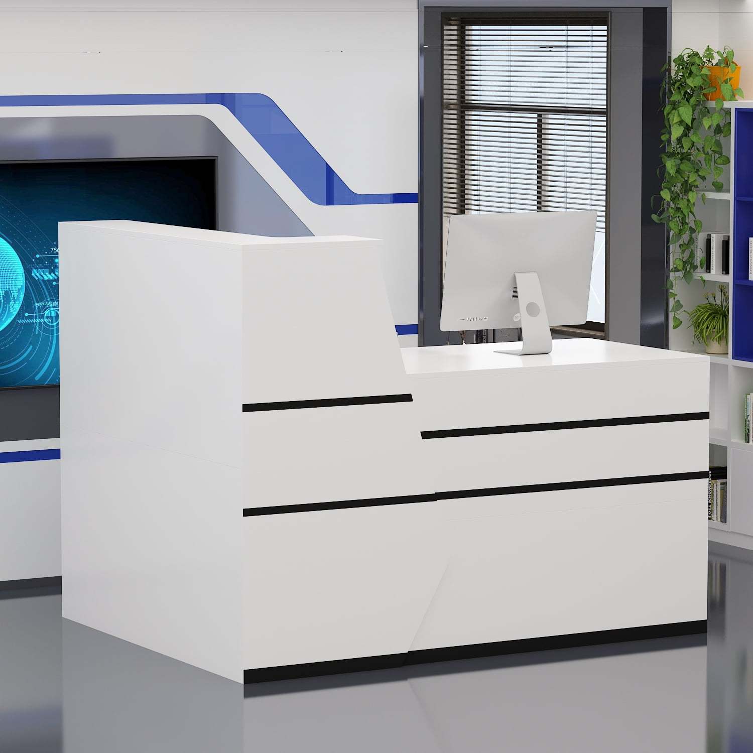 

L-shaped Reception Desk, 55 Inch Office White Computer Desk With Open Shelves, Locked Drawer And Storage Cabinet