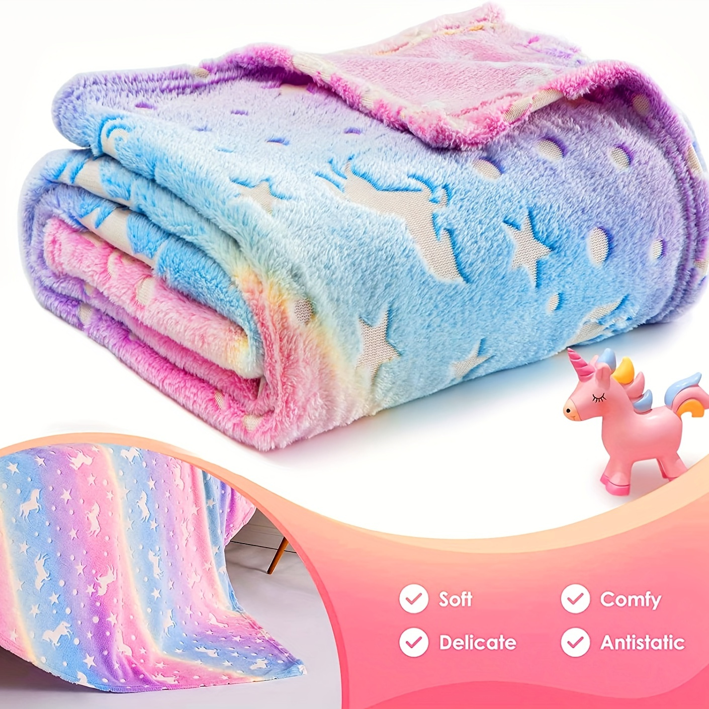 

1pc Glow In The Dark Rainbow Blanket, Cozy Soft Flannel Blanket For Sofa Bed Car Office, All Seasons Universal Bedding Blanket Birthday Gift