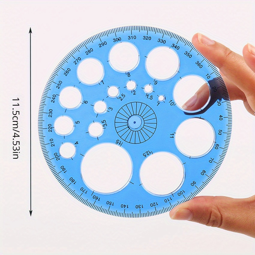 

1pc 360-degree Rotating Round Ruler - Transparent Blue Template With Circles & Degrees For Drafting, Patchwork, Office & School Supplies, 4.55" Diameter