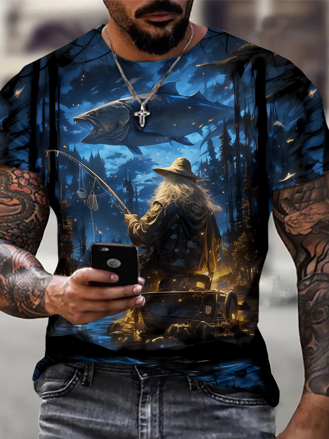 3D Fishing Old Man Print Men's Fashion Short Sleeve Crew Neck T-shirt,  Summer Outdoor