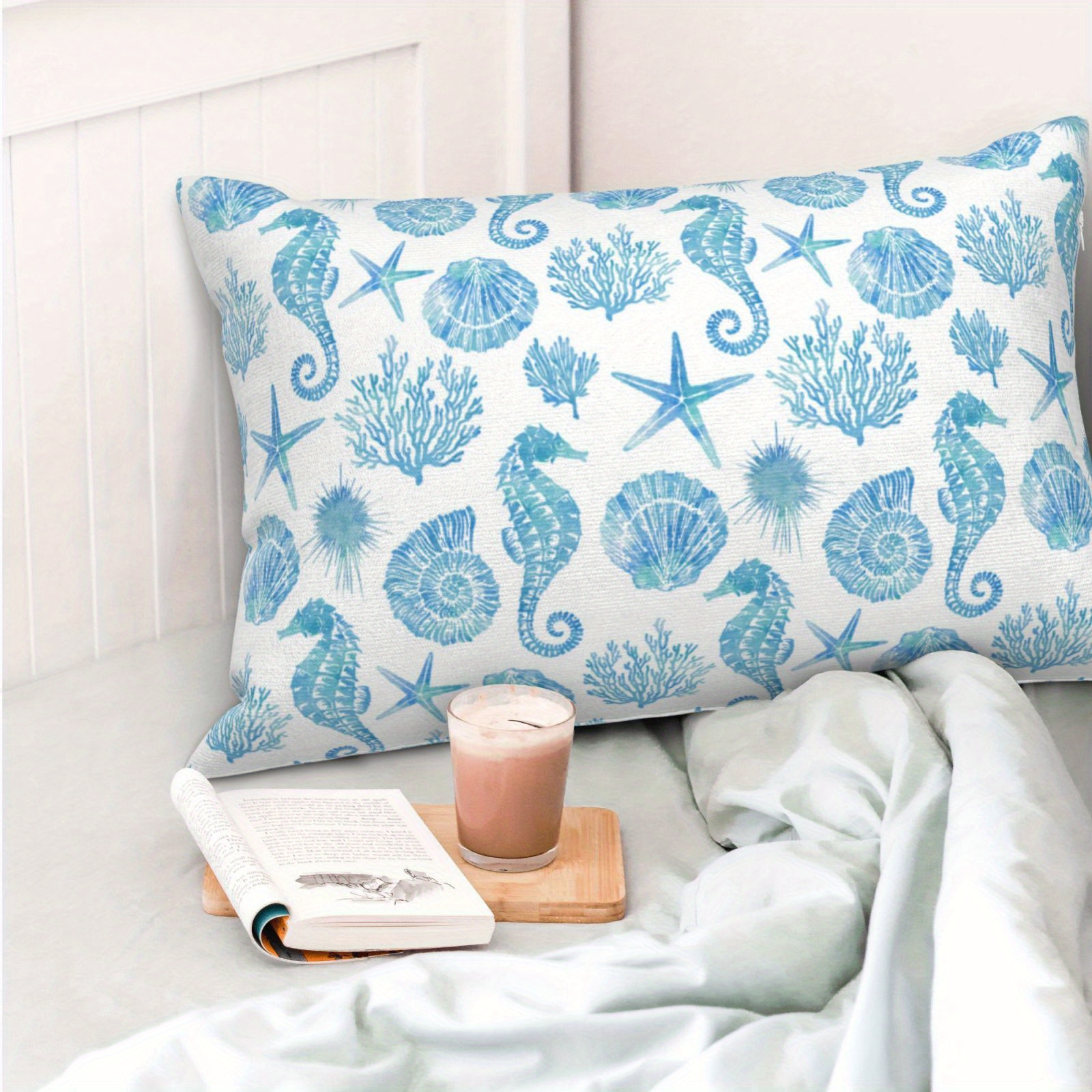 1pc, Summer Coastal Throw Pillow Covers 12x20 Inch Outdoor Decorative,  Nautical Beach Ocean Themed Throw Pillows Blue Coral Pillowcase Farmho