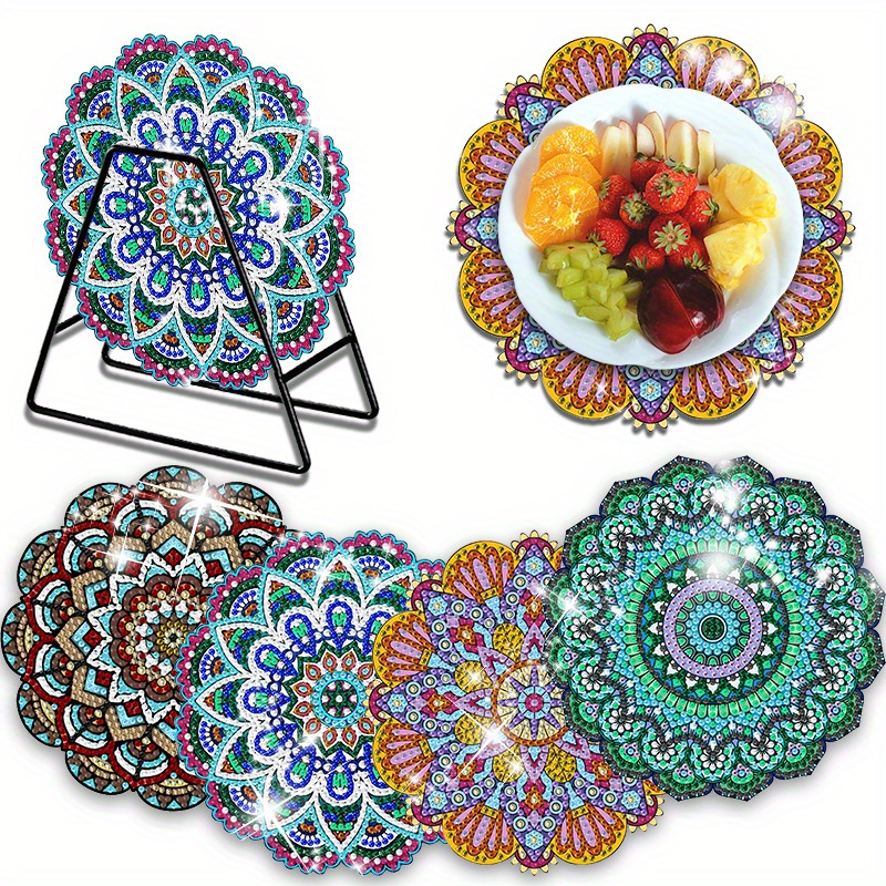 

4pcs Diy Diamond Art Painting Plate Mat Kit, Mandala Flower Diamond Art Painting Coasters With Stand, Dining Table Mat, Non-slip Plate Mat, Holiday Party Decoration, Handmade Gift