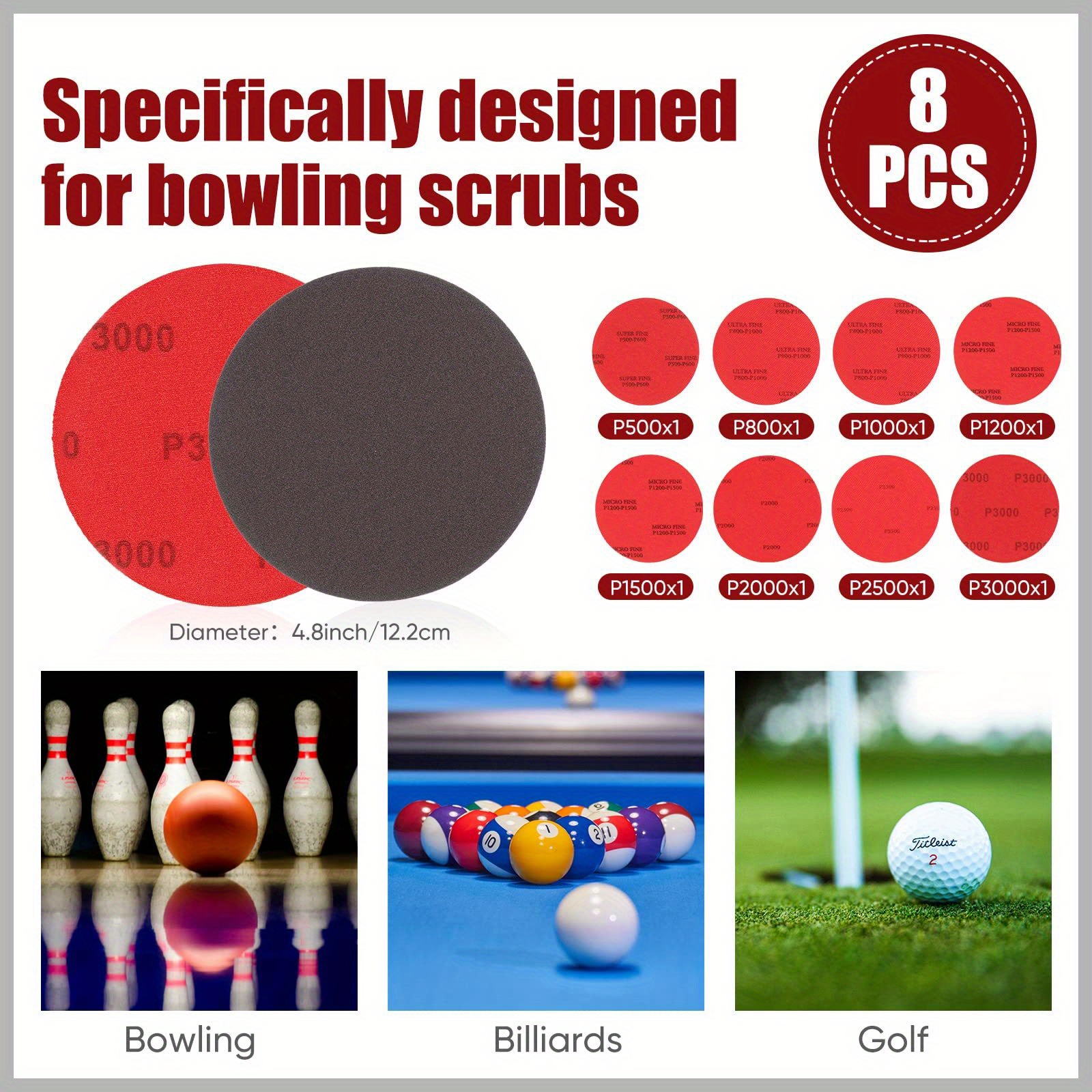 

8pcs Bowling Sanding Pads, Bowling Ball Sanding Sand Pads Polishing Cleaning Kit, Grit 500, 800, 1000, 1200, 1500, 2000, 2500, 3000 For Different Texture, Bowling Accessories
