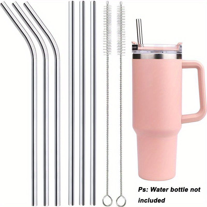 TEMU 6pcs Reusable Stainless Steel Metal Straws With 2pcs Straw Cleaning Brushes, Cup Accessories