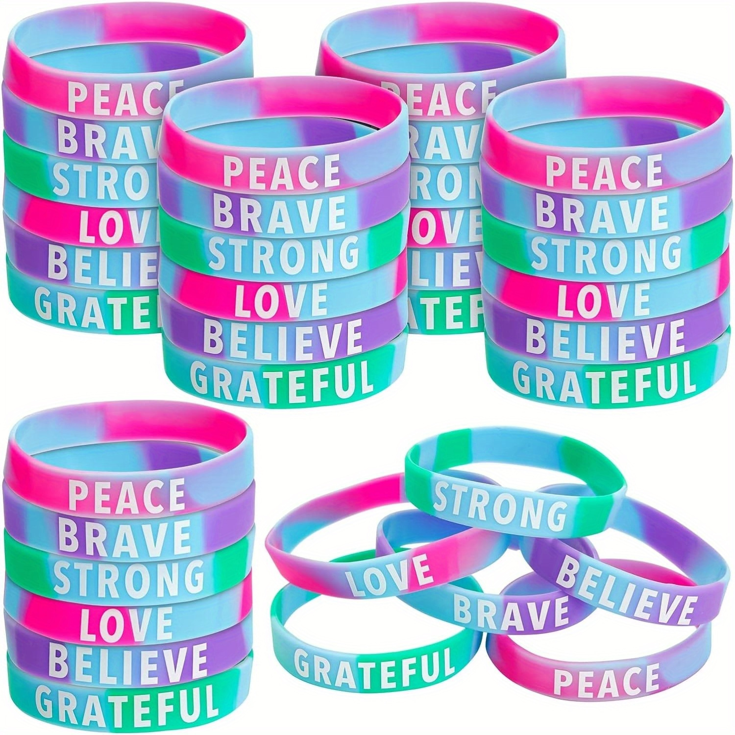 

12pcs, Inspirational Rubber Bracelets, Motivational Silicone Wristbands, Tie Dye Party Favors