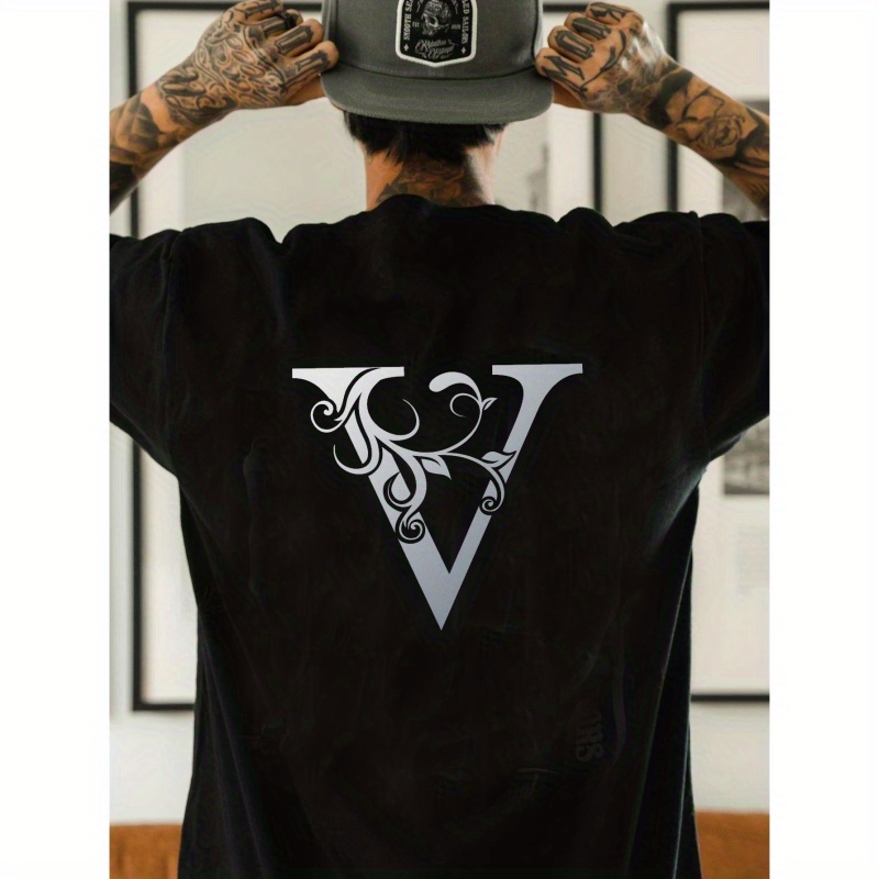 

Letter V Pattern Men's Short Sleeve Tee Tops, Casual Crew Neck Comfy Summer Outdoor Clothes
