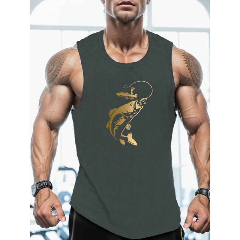 

Fishing Print Summer Men's Vest Quick Drying Moisture-wicking Breathable Tank Tops Athletic Gym Bodybuilding Sports Sleeveless Top Men's Clothing For Sports Fitness