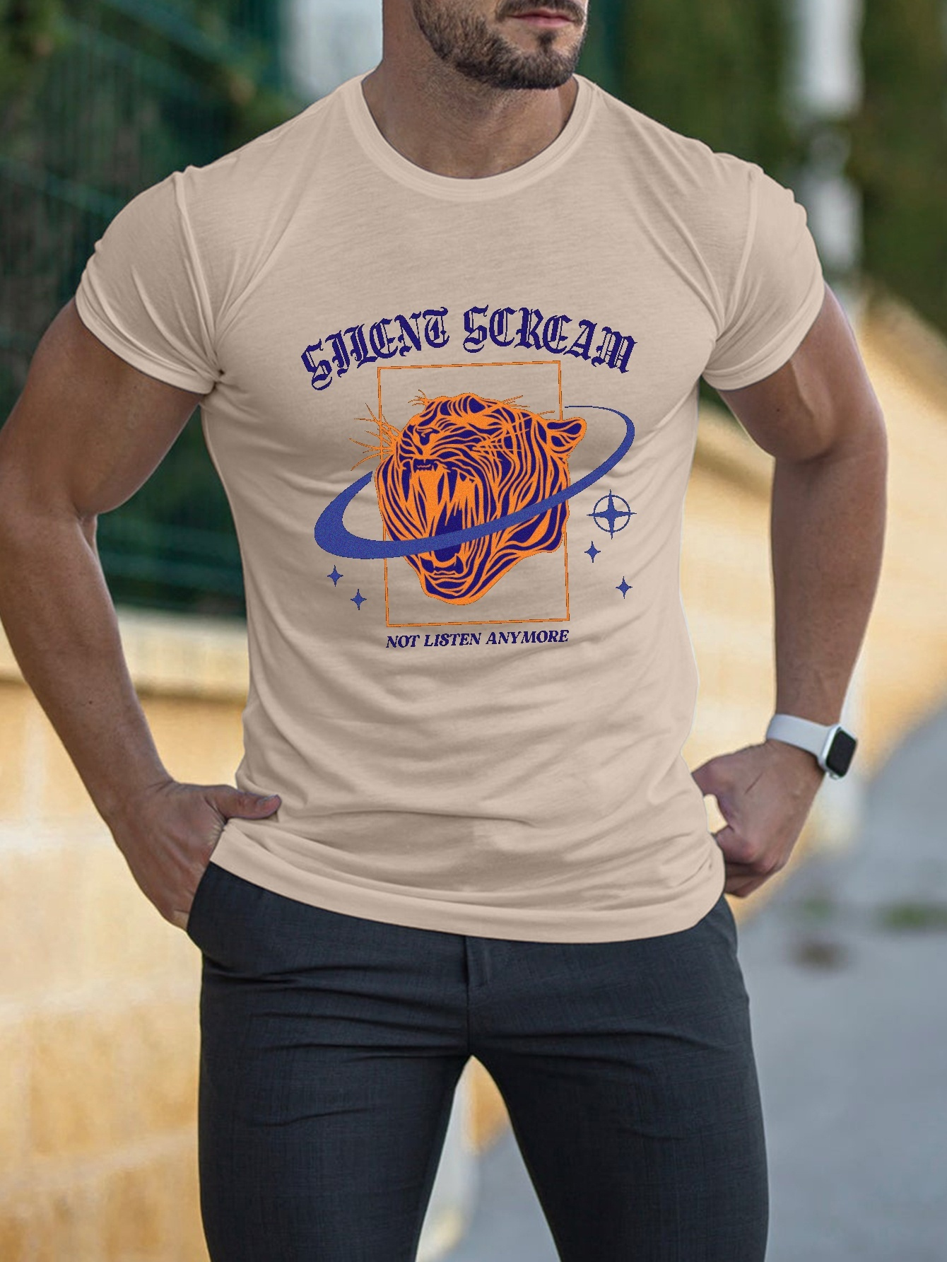 men's trendy abstract tiger print t-shirt - casual crew neck