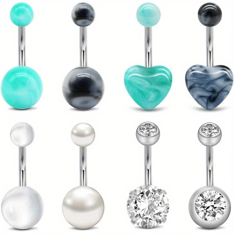 

8pcs Stainless Steel Belly Button Ring Set - Cute & Punk Style, 14g Piercings With Synthetic Zirconia, Casual Attire