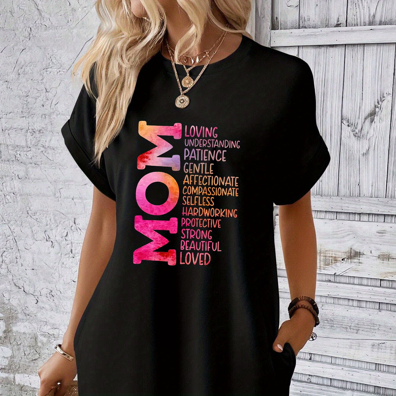 

Robe T-shirt Imprimée Pour La Fête Des Mères, Robe Décontractée À Manches Courtes Et Col Rond Pour L'été Et Le Printemps, Vêtements Pour Femmes