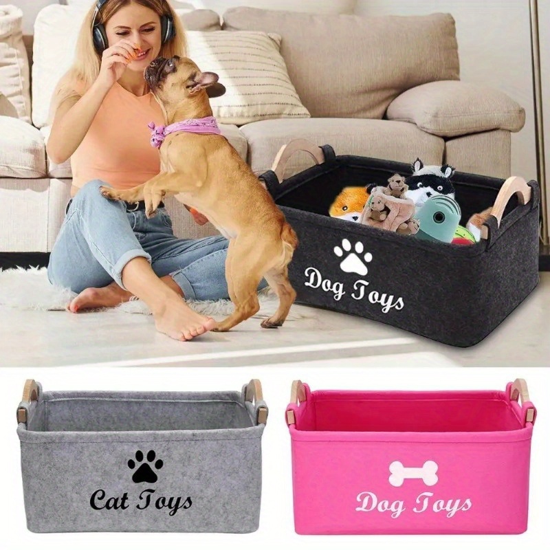 

Stylish Pet Toy Storage Basket, Dog Toy Storage Box With Wooden Handle, Pet Storage Box