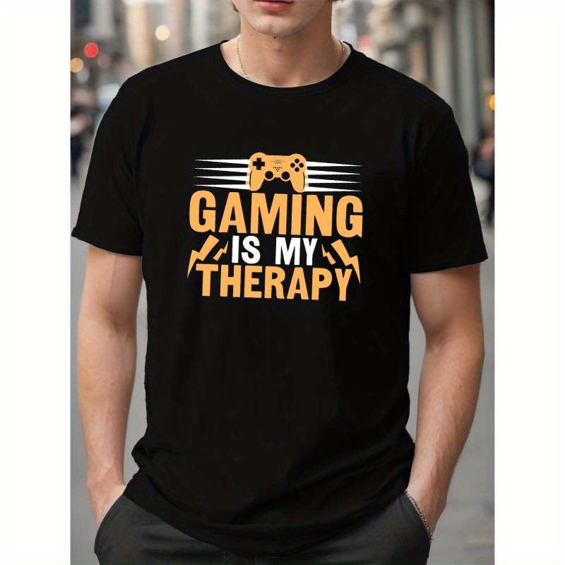 

Plus Size Fashion 'gaming Is My Therapy' Print Men's T-shirt, Short Sleeve Sports Casual Tee, Gift, Summer Tops For Big & Tall