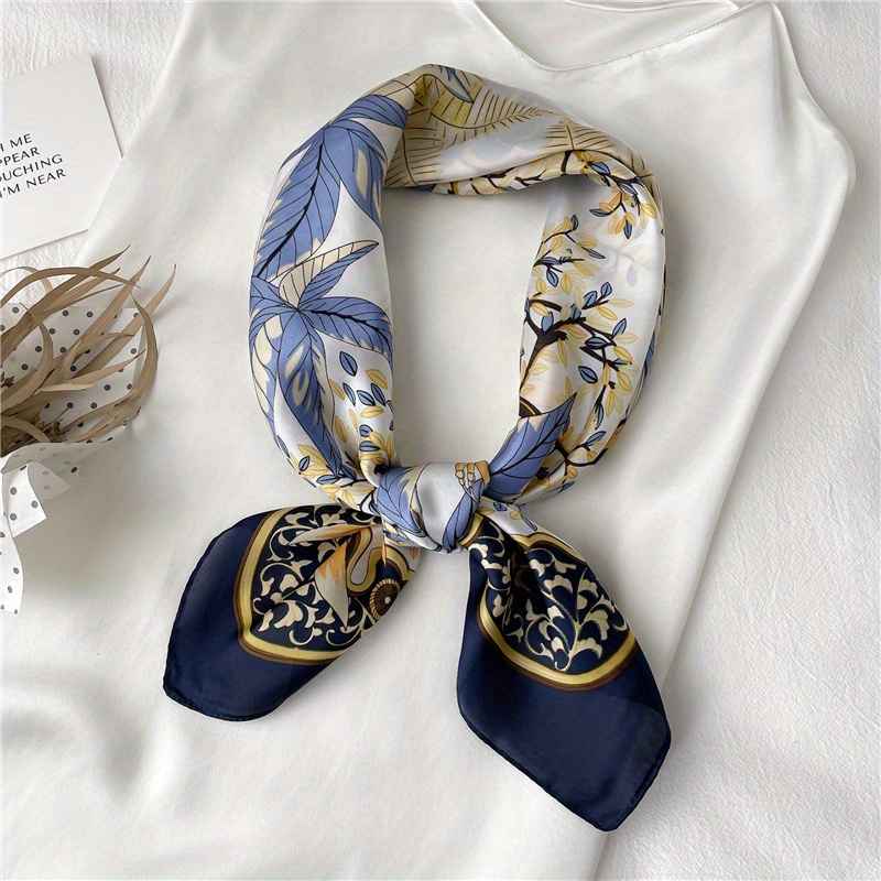 

27.56" Leaf Print Square Scarf Simulated Silk Thin Breathable Neck Scarf Vintage Style Decorative Headscarf For Women
