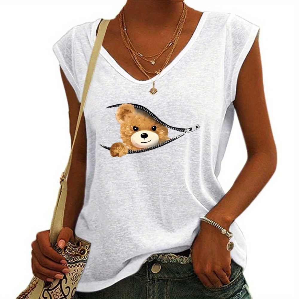 

Bear Graphic Print Tank Top, Sleeveless Casual Top For Summer & Spring, Women's Clothing