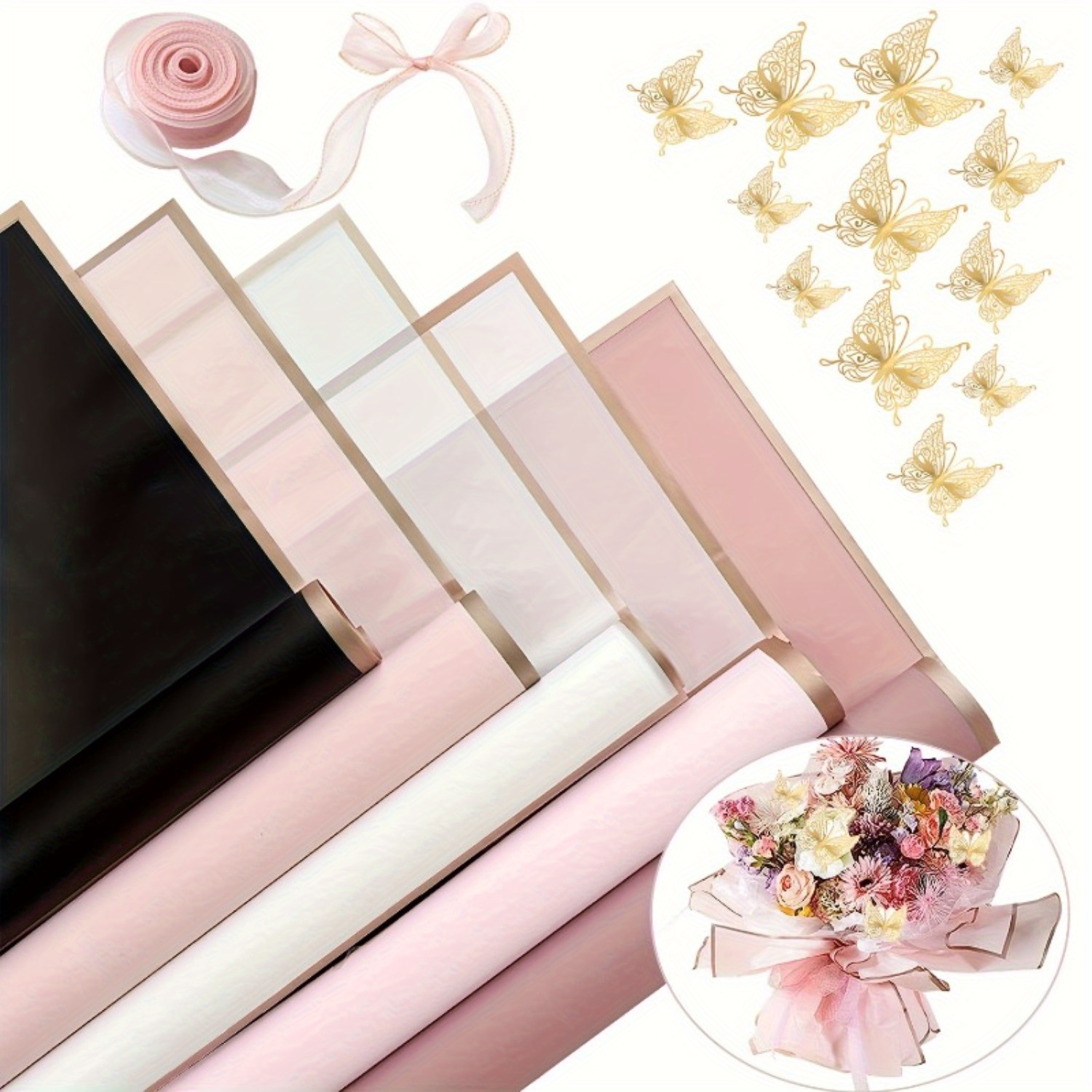 

38pcs/set, 25 Sheets Waterproof Multi-colored Flower Wrapping Paper, Florist Packaging Paper, 12pcs 3d Butterflies And 1pc Ribbon For Mother Father's Day Wedding Birthday Flower Shop Diy Craft