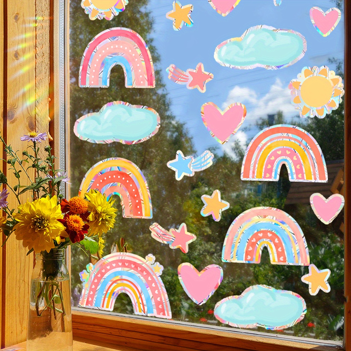 

2 Sheets/set Static No Glue Window Sticker, Rainbow Star Cloud Shiny Glass Decals,double Sided Pattern Removable Sticker,glass Diy Sticker,home Office Decoration,living Room Bedroom Window Art Sticker