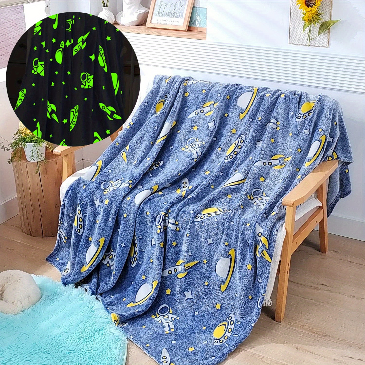 1pc glow in the dark astronaut blanket soft and cozy flannel blanket for teen and adults   sofa bed car and office ideal birthday gift for boys and girls details 3