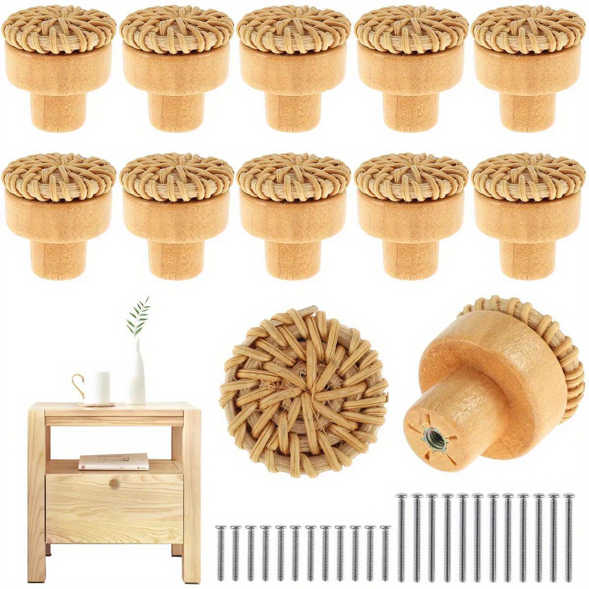 

4/6/10pcs Boho Style Rattan & Wooden Drawer Knobs, 1.58-inch Round Handmade Cabinet Dresser Handles, Wood Kitchen Cupboard Wardrobe Door Pulls For Home Furniture Decor