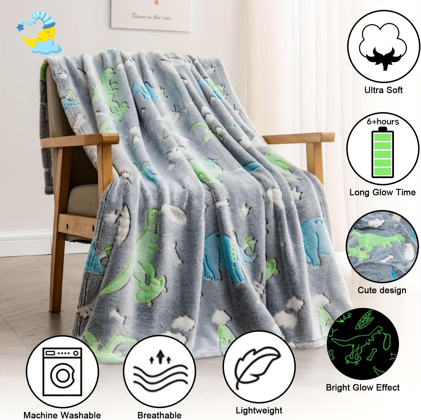 1pc luminous throw blanket dinosaur glow in the dark blanket comfortable soft fluffy plush flannel fleece blanket for couch bed school birthday christmas halloween thanksgiving easter gift details 2