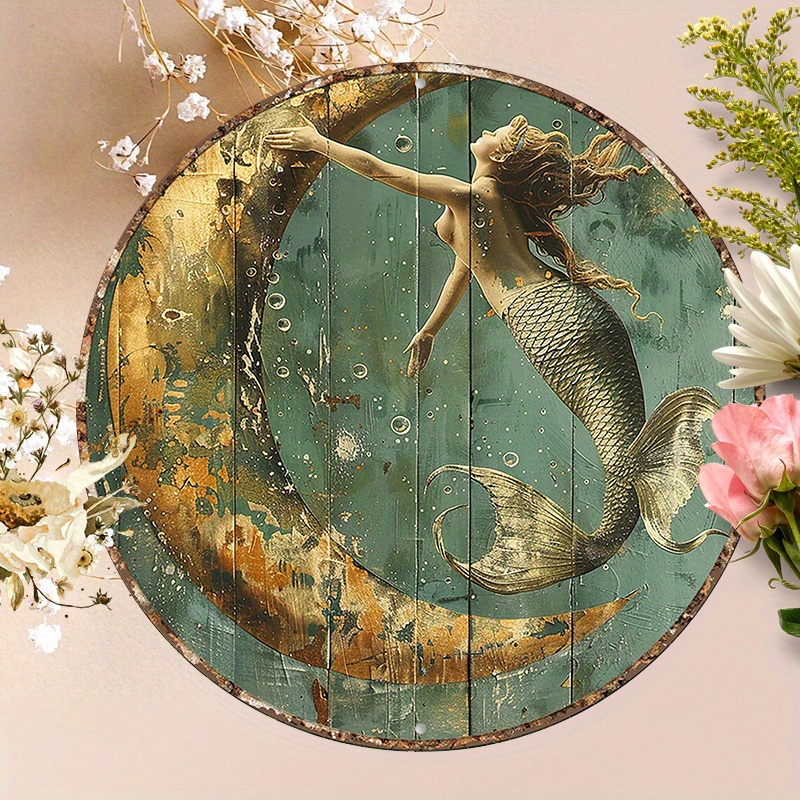 

1pc 8x8inch(20x20cm) Round Aluminum Sign Metal Sign Mermaid And Into The Ocean Wall Decor Outdoor Decor