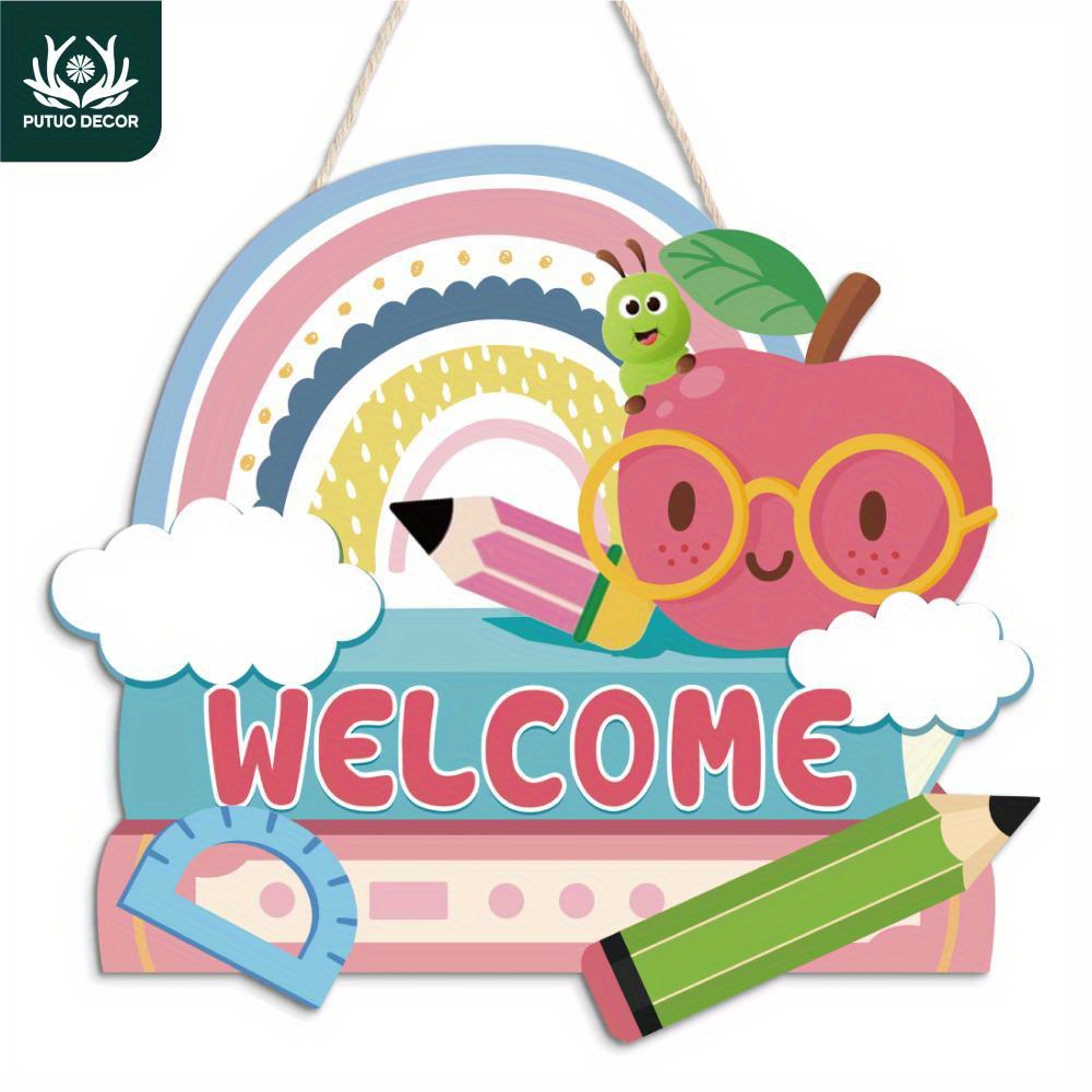 

1pc Rainbow Wooden Hanging Sign Decor, Welcome, Wall Art Decoration For Home Farmhouse Primary School Kindergarten, Back To School Season Gifts