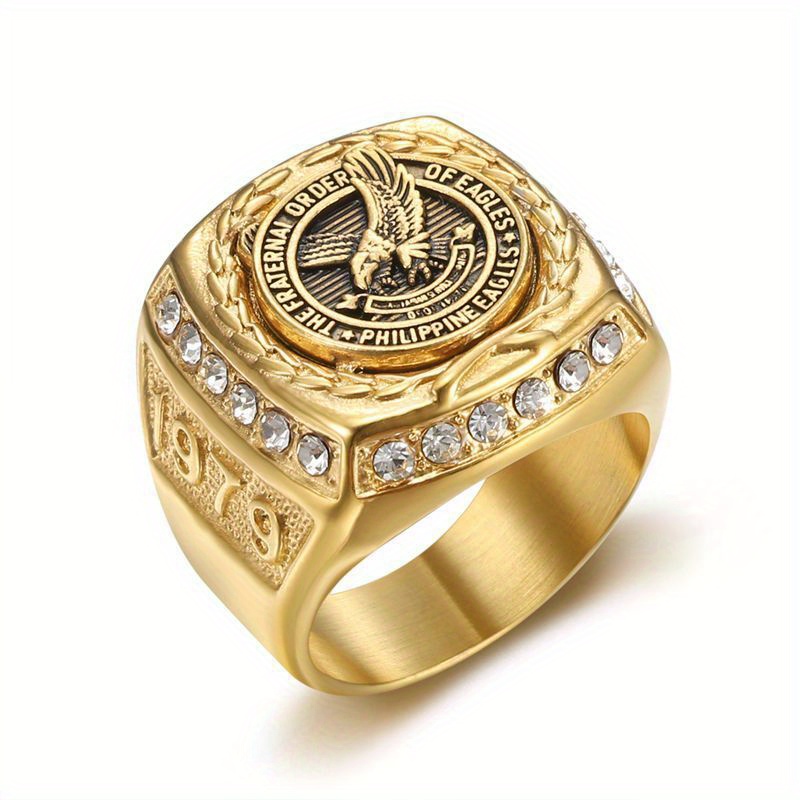 TEMU 1pc Titanium Steel Vacuum Golden Plated Ring, Men's Cool Eagle Pattern Ring