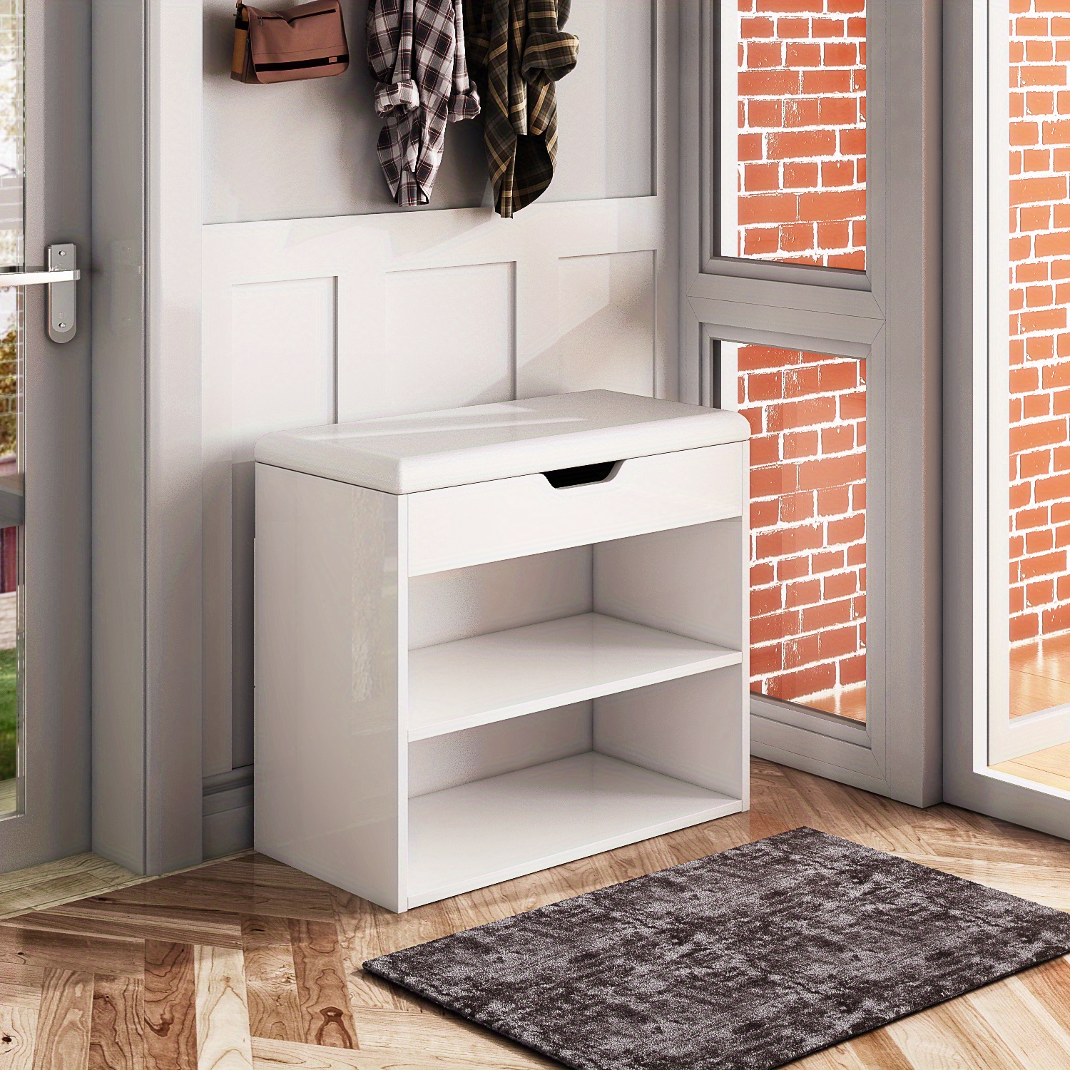 

1pc 24" White Entryway Shoe Storage Bench W/ Open Shelf, For 6 Pairs, Shoe Cabinet, Home Furniture