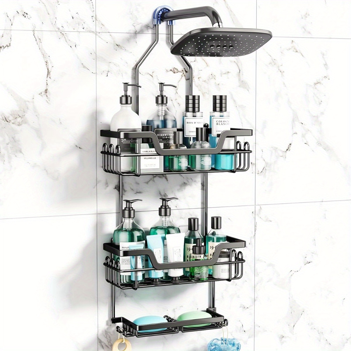 

Stainless Steel Hanging Shower Caddy, 3-tier Over Shower Organizer With Rust Resistant Design, Dual Soap Holder And 16 Hooks For Bathroom Storage