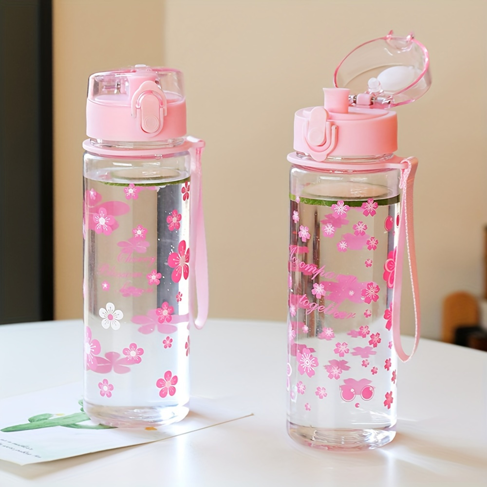 

Cute Flower Pattern Water Bottle, Simple Transparent Plastic Water Cup With Handle, Portable Leakproof Cup For Outdoor Fitness, Sports And Travel