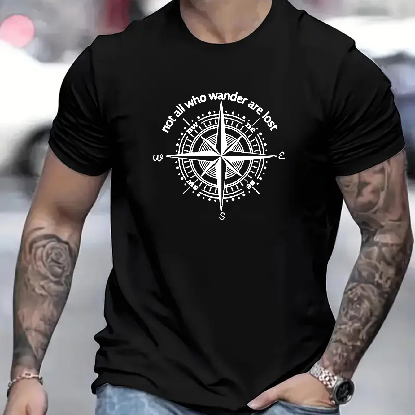 

Letters And Cartoon Compass Graphic Print, Men's Casual Fit T-shirt, Cool Tee Top Clothes For Men For Summer For Everyday Activities